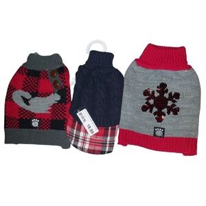 Bundle 3 XS Dog Sweaters Winter Theme Grey And Red Snowflake, Squirrel, Plaid